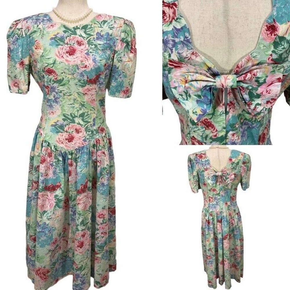Jessica Howard Vintage 80s Tea Dress Drop Waist Back Bow Mitchell Rodbell RARE